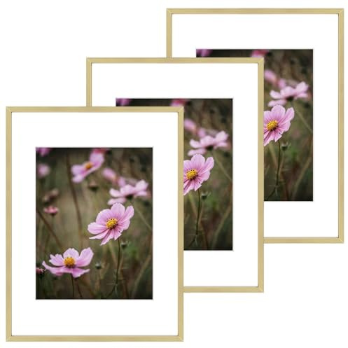 Golden State Art 12x16 Picture Frame 3 Pack - Aluminum Frames with 8.5x11 Removable Mats & Real Glass, Display 12x16 Posters or 8.5x11 Photos - Gold Gallery Wall Frames for Home Office Decor