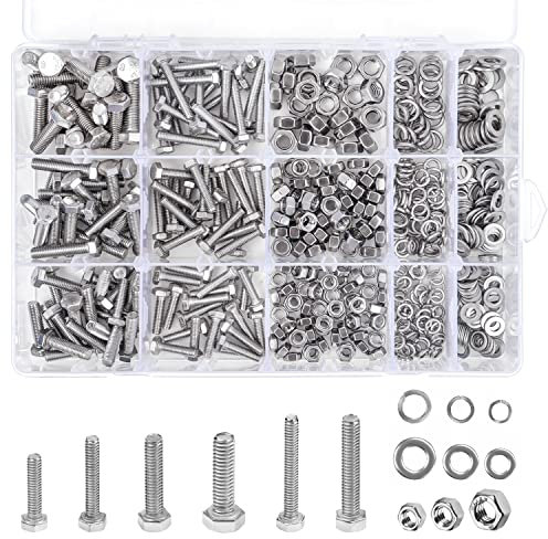 Belle Vous Set Bulloni e Dadi con Rondelle Assortito (510pz) - Kit Viti Testa Esagonale in Acciaio Inox 304 M4 M5 M6 - Set Viti e Bulloni a Testa Piatta e Rondelle Piatte con Scatola Organizzativa