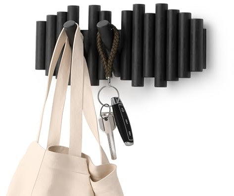 Umbra Picket Garderobenhaken - Garderobenleiste und Moderne Wand Dekoration mit 5 Klapphaken aus geschliffenem Kiefernholz, Schwarz