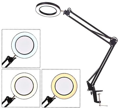 LED Lupenleuchte it Klemme, Hancaner Arbeitsplatzlampe, Dimmbar USB Aufladen 5 Dioptrien Lupe mit Licht, Schwenkarm,3 Farbmodi, 105-mm Glaslinse für Arbeit, Lesen, Hobbys und Nähen