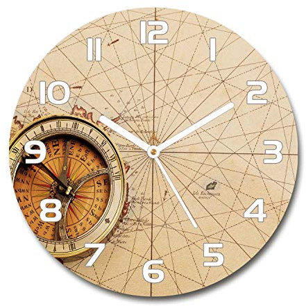 Tulup Glasuhr ⌀ 60cm - weißen Zeigern - Wanduhr Wandkunst Bild Gehärtetem Glas Uhr Echtglas Küche Wohnzimmer - Kompass auf der Karte
