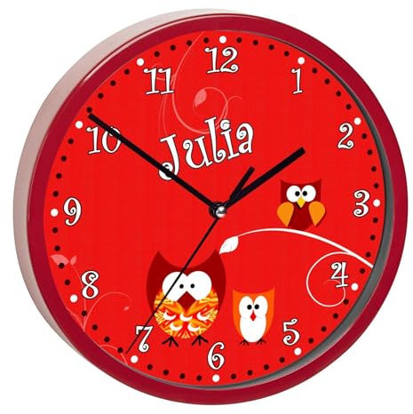 CreaDesign, Wanduhr Kinder personalisiert mit Name, Motiv Eule rot, Rahmen Wanduhr rot, Ø 19,5 cm