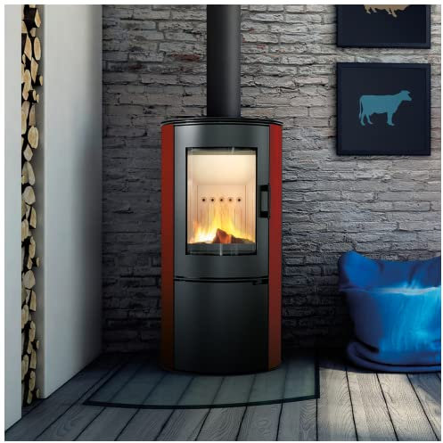 KRATKI AB Holzofen für den Innenbereich, freistehend, BImSchV 2-konform, 8 kW, thermische Effizienz, 78%, Stahl und Fliesen, schwarz und rot, Aufbewahrungskammer, 105 x 52 cm