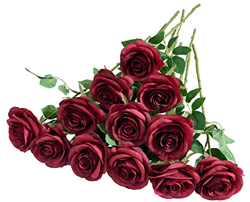 Helera 12 Stück künstliche Blumen burgunderrote Seidenrosen künstliche Rose Weinrot Seide Blumen mit langen Stielen für Hochzeit Zuhause Party Tafelaufsätze Dekorationen