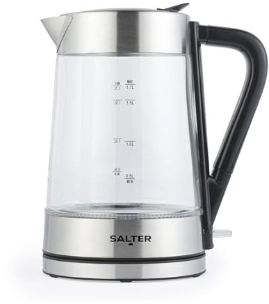 Salter Colour Changing Glass Kettle - 1.7L, LED Illumination From Blue To Red, Easy Fill Water Pressure Lid, Anti-Limescale Filter, BPA-Free, 360° Swivel Base, Boil Dry Sensor, 2200W EK5078SS