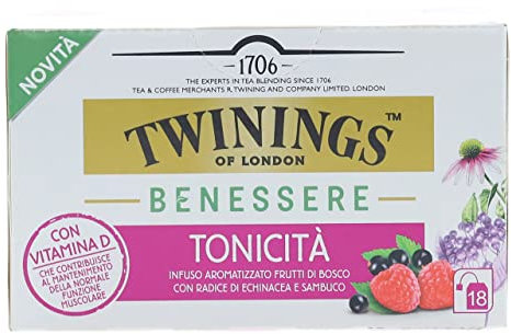 Twinings, Benessere Tonicità, Infuso Aromatizzato ai Frutti di Bosco con Radice di Echinacea e Sambuco, con Vitamina D, Senza Caffeina, 1 Confezione da 18 Filtri