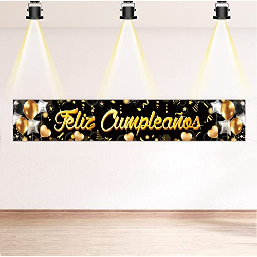 DPKOW Español Feliz Cumpleaños Pancarta Decoración Negro Oro, Cumpleaños Fondo Mesa Pared Decoración Cumpleaños Exterior Jardín Decoracion, 218 * 35cm