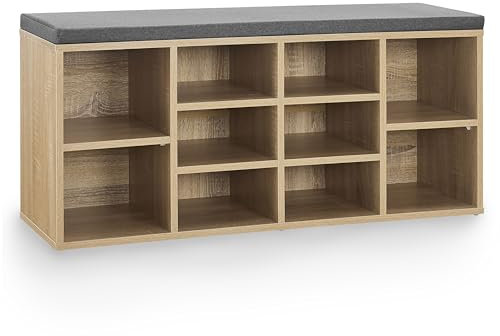 Juskys Schuhregal Holz mit Polsterung, Stoff & 10 Fächern höhenverstellbar 104x30x48 cm - Regal mit Sitzbank bis 150 kg - Holzoptik/Grau