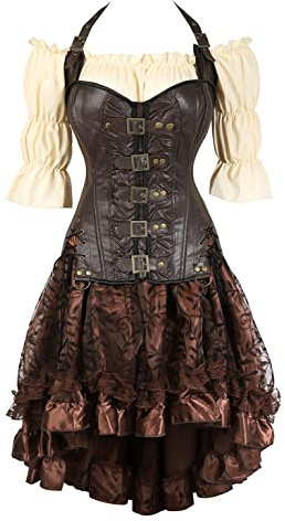 Grebrafan Steampunk Corsets Skirt Blouse Set Tight Lace Corset Outfits for Women