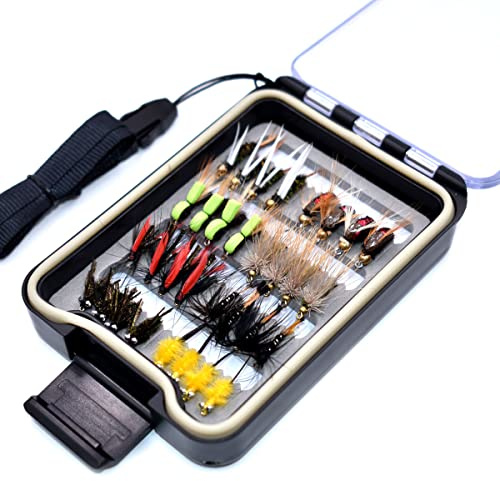 32/40/60/68pcs Fischen Fliegen Set Trockene nasse Fliegen Nymphen, Streamer, Wolle Bugger, Terrestrials, Insekt Lure Se (A-Verschiedene Fliegen in Fly Box-32Pcs)