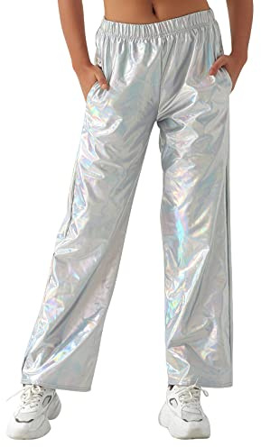 Gl?nzende Metallic Hose Damen Glanz Jogginghose High Waist 80er 90er Jahre Kost?m Lack Leder Wet Look Hip Hop Clubwear Holografische Rave Hose Jogginghose Streetwear Halloween Cosplay Laser Silber S
