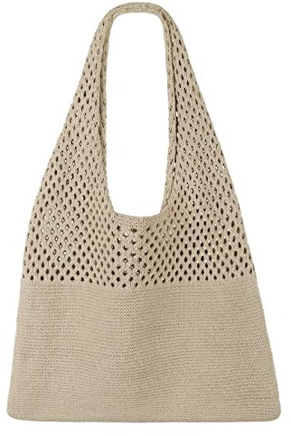 SUOSDEY gehäkelte Mesh Strand Tote Bag, Sommer Urlaub Ästhetische Strick Boho Umhängetasche für Frauen Khaki