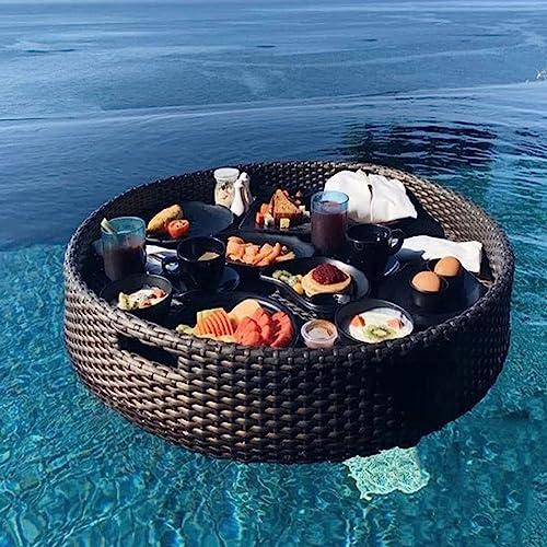 Piscine De Piscine Table De Plateau Flottante, Plateau De Service Tissé En Rotin, Piscine Flottant Pour Adultes Pour Les Bancs De Sable, Les Spas, Le Bain Et Les Fêtes | Plateau Flottant,60cm-Black