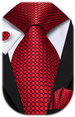 Hi-Tie Mens 70inches Tie Set Black Red Checks Extra Long Necktie for Men Cufflinks Handkerchief Big Tall Men Business Wedding