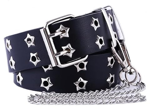 BOMAI Schwarzer Punk-Gürtel aus PU-Leder mit Nieten und Löchern für Jeans, Unisex, 121,9 cm, Schwarze Kette 01+, 43 inches
