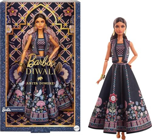 Barbie Signature - Diwali by Anita Dongre, bambola da collezione con look Midnight Bloom, lehenga disegnato per la festa delle luci e piedistallo, giocattolo da collezione, 6+ anni, HRM91