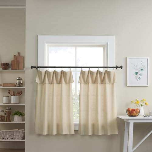 Mercantile Drop Cloth Curtain Panel Pair with Attached Valance, Light Filtering Ring & Tab Top, 36 in x 30 in Each, Farmhouse 2 Panel Window Curtains in Linen