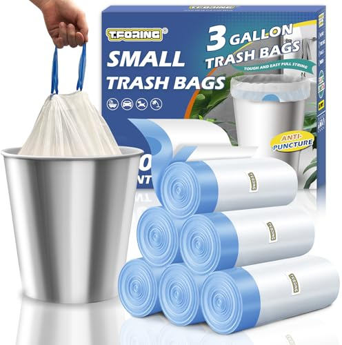 T.FORING 3 Gallon Trash Bags Drawstring 0.96 Mil - 120 Count 12 Liter Small Garbage Bags for Bathroom, Strong White Unscented Plastic Wastebasket Bin Liners for Toilet Office and Bedroom