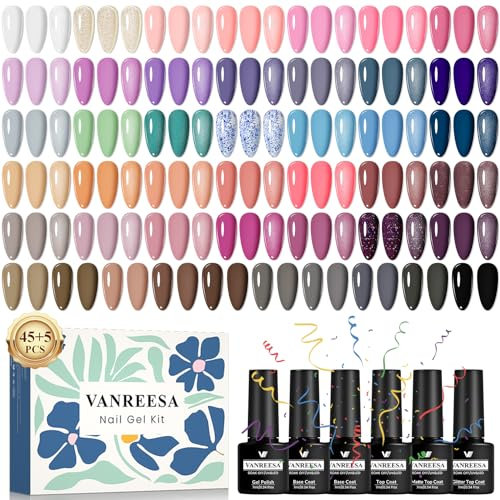 VANREESA U V Nagellack Set, 50 Stück Gel Nagellack Set mit Unterlack und Überlack 45 Farben Maniküre Starterset Rosa Lila Braun Gelnägel Kit Soak off Gel Nail Polish Geschenk für Frauen