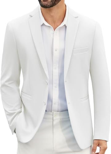 COOFANDY Herrkavaj fritid business stickad kavaj 2 knappar med krage normal passform kavaj, Vit, XXL