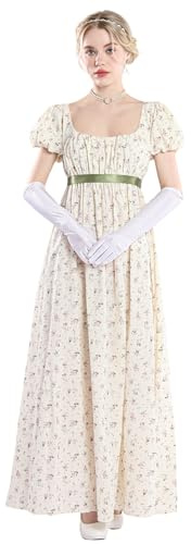 FCCAM Regency Kleider für Frauen Floral Regency Era Kleid Empire Taille Lange Tee Party Kleid mit Handschuhen, Beige, M