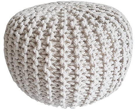 Abato Premium Sitzhocker Strick-Hocker Pouf extra stabil 45x45x30cm 100% Baumwolle, vom Designer entwickelt und kontrolliert, echte Handarbeit (weiß)