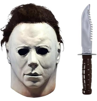Zirsh Halloween Michael Myers mask för vuxna läskig vit mask original Michael Myers ansikte – helhuvudmask med hår cosplay kostym tema fest latex rekvisita – inkluderar kniv