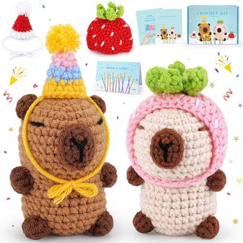 Capybara Häkelset für Anfänger, Tierstrickset, Tierhäkeln, Capybara, Häkeltier-Set mit Schritt-für-Schritt-Video, Häkel-Starter-Set, Tier-Häkelset, Anfänger, Häkelset, 2 Stück