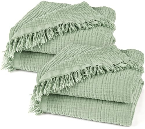 Pure Label 2er Set Musselin Tagesdecke 220x240 Grün aus Baumwolle | Oeko-Tex zertifizierte- 3-lagige Musselin Kuscheldecken für Couch & Sofa