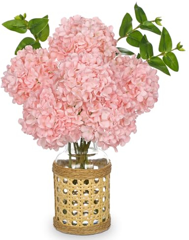 Oairse Fiori artificiali di ortensia con vaso di vetro con copertura in rattan, 32 cm, fiori di seta rosa in vaso per casa colonica decorazione ufficio composizione floreale finta per centrotavola