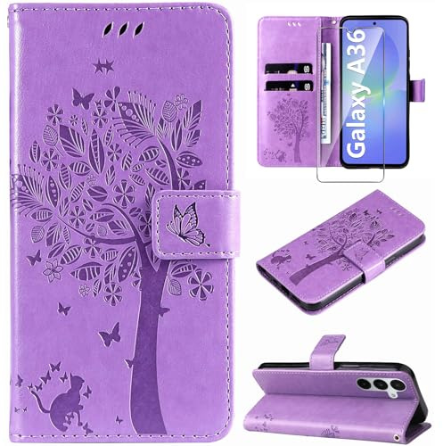 Hancda Case for Samsung Galaxy A36 5G Phone Cover,Purple | Wallet with Tempered Glass Screen Protector,Card Holder Slot,Flip PU Leather Magnetic Closure,Shockproof Flowers Design Shell