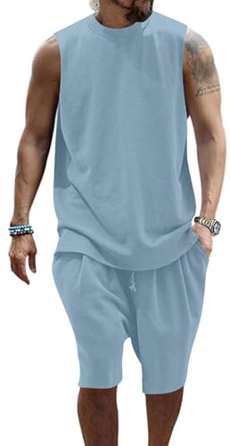 PRIVIMIX Herrlinne och shorts set sommardräkt 2-delat shorts och ärmlös T-shirt ledig outfit M-3XL, Blå, XL