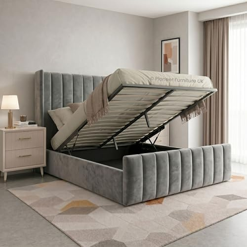 PioneerfurnitureUK Wing Panel Ottoman Storage Bed Gas Lift, Grey Plush Velvet Upholstered Bed Frame - 4ft6 double ottoman bed frame (GREY, Grey Wing 4ft6 Double)
