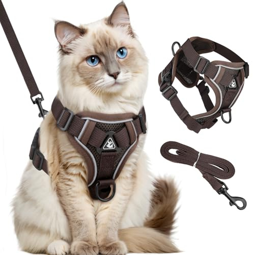 GlasFlength Pettorina per gatti con guinzaglio, antieruzione, guinzaglio per gatti con imbracatura regolabile per gatt i, set di stoviglie morbide per gatt i con strisce riflettenti (caffè-S)