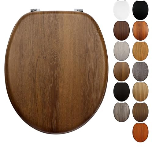Fanmitrk Traditional Wooden Toilet Seat - Adjustable Zinc Alloy Hinges - Made of Multiple Styles Wood Grain MDF - Easy to Clean and Install for Bathroom 43.3 x 36.8 x 5.5 cm (JH4706-02)