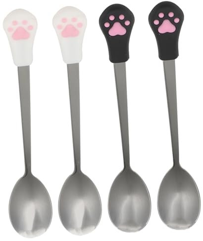 FUTUREORYY 4pcs Stainless Steel Cat Dog Food Can Spoon with Silicone Handle High Temperature Resistant Pet Food Scoops for Easy Cleaning and Accurate Serving