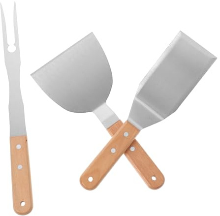 Stück Grillbesteck Edelstahl aus Holz und 3 für Teppanyaki | Multifunktionales, Tragbar für Familien und Draußen, Spatel, Wender, Gabel im Lieferumfang