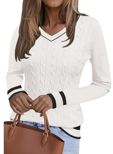 Kistore Women Long Sleeve Jumpers V Neck Pullover Sweaters Ladies Knitted Tops Casual Sweater Oversized Trendy Tunics White XL