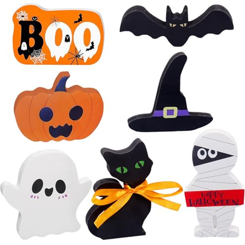 7 Pezzi Decorazioni Halloween Casa, Ornamenti di Halloween in Legno, Centrotavola con Fantasma, Gatto Nero e Zucca, Decorazioni da Tavola in Legno, Addobbi Halloween per Feste e Cene interno