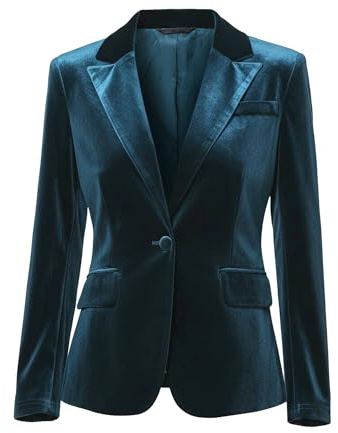 Allegra K Blazer en Velours Femme à Revers Cranté, Manches Longues, Veste de Costume à 1 Bouton pour Bureau Habillé Bleu S