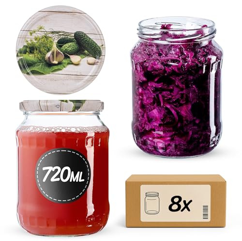 KADAX 8er Set Einmachgläser 720ml TO82 Einlegegurken, Große Sturzgläser mit Schraubdeckel, Einkochgläser Fermentierglas für Gurken, Gemüse, Sauerteig
