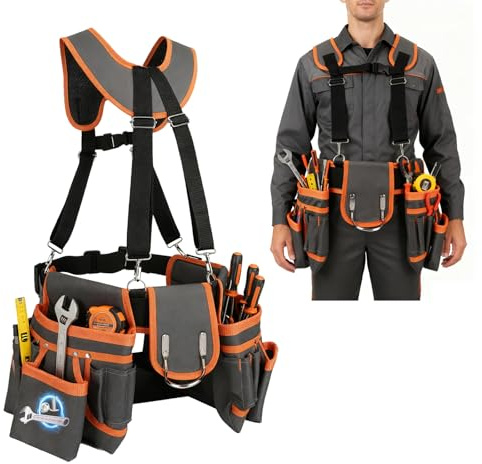 Magnetic Tool Pouch with Suspenders,Tool Belt, Professional Tool Belts for Men, 32''-66'' Adjustable Utility Belt Tools Organizer Work Bags for Electrician Carpenter Framers