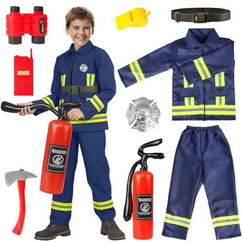 Aitsite Disfraz de bombero para niños, disfraz de bomberos con chaqueta, pantalones, cinturón, extintor, telescopio, hacha, walkie-talkie, insignia y silbato, perfecto para carnaval y cosplay