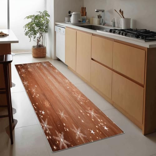 Romantisch Schneeflocken Sterne Streifen Teppich Läufer 40 x 120 cm Langer Teppich Flur, rutschfest Waschbar Küchenläufer Weihnachten Küchenteppich Läufer für Eingang Flur Schlafzimmer Wohnzimmer