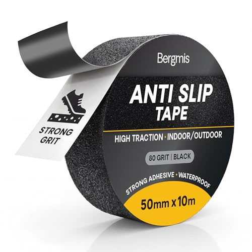 Anti Slip Tape, Grip Tape for Stairs and Decking, 50mm x 10m, Black 80 Grit | skateboard grip tape, anti slip decking strips, non slip tape for outdoor steps, waterproof, self adhesive, high traction