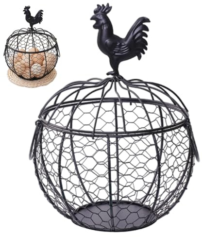 Chicken Egg Basket with Handle, Famhouse Small Metal Egg Collecting Basket Vintage Style with Chicken Decorated Lid for Fruits, Vegetables, Flowers Black, For Gathering Fresh Eggs