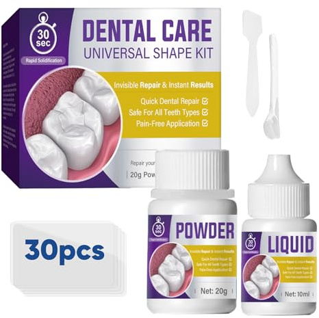 Cemento per Denti, Kit di Riparazione per Denti Rotti o Mancanti, Colla per Denti Finti, con 20 g Polvere e 10 ml Liquido, 30 Volte, Bianco