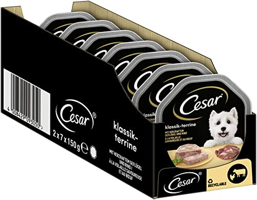 Cesar Klassik-Terrine Schale Adult 14 x 150 g reich an Geflügel und Rind Stückchen in Pastete (14er-Packung)