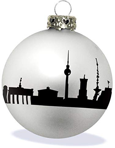 44spaces Berlin Design-Christbaumkugel zu Weihnachten, Glas Silber matt Skyline schwarz, Weihnachtsschmuck zum Anhängen