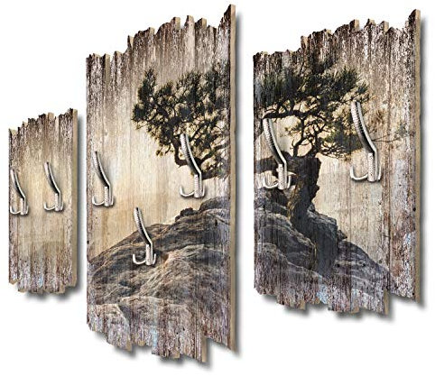 Kreative Feder 3-teilige Designer Wandgarderobe Einsamer Baum - Flurgarderobe Wandpaneele Größe 95x60cm aus MDF (Einsamer Baum)